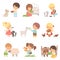 Cute Little Boys and Girls Feeding Animals Set, Adorable Kids Caring for Wild and Domestic Animals Cartoon Vector