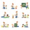 Cute little boys and girls playing and studying set, children study the alphabet, geography, biology, mathematics in
