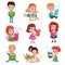 Cute little boys and girls reading fairytale books set, kids imagination concept colorful cartoon Illustrations