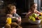 cute little brother and sister eating breakfast