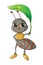 Cute little brown black ant were taking shelter under the green leave he was holding, design cartoon vector illustration