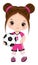 Cute Little Brunette Girl Holding Soccer Ball. Vector Girl with Football Ball