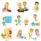 Cute little bully kids set, hoodlum cheerful children, bad child behavior vector Illustrations on a white background