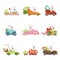 Cute little bunnies driving vintage car with colored eggs set, funny rabbit characters, Happy Easter concept cartoon