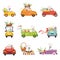 Cute little bunnies driving vintage car decorated with colored eggs set, funny rabbit characters, Happy Easter concept
