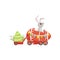 Cute little bunny driving Easter red car egg, funny rabbit character, Happy Easter concept cartoon vector Illustration