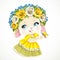 Cute little bunny girl in dress and in magnificent wreath holds a butterfly