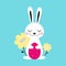 Cute Little Bunny Holding Decorated Egg and Spring Flowers, Adorable White Easter Rabbit, Easter Egg Hunt Card, Poster