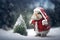 A cute little bunny in the snow next to a Christmas tree dressed as Santa spreading holiday cheer. Room for text or copy space.