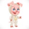 Cute little cartoon baby pig in a warm hooded overalls stand on a white background