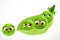 Cute little cartoon emoji green peas in a pod isolated on white