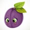 Cute little cartoon emoji purple plum with leaves isolated on white
