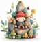 Cute little cartoon gnome boy sitting on a rock. Watercolor fairytale illustration on white background