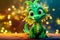 Cute little cartoon green dragon on a Christmas background. Copyspace