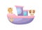 Cute little cat and dog sailing on violet ship. Cartoon character for childrens book, album, baby shower, greeting card, party