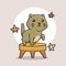 Cute Little Cat Kitten Standing Bench Autumn Fall Season Cartoon