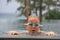 Cute little caucasian blue-eyed boy looking mindfully into camera through swim goggles after diving in pool