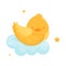 Cute little chicken sleeping on a cloud, lovely bird cartoon character, good night design element, sweet dreams vector