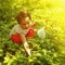 Cute little child girl picking strawberry outdoors. Kids pick fr