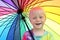 Cute Little Child Under Rainbow Colored Umbrella