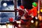 Cute little children waiting for Santa Claus near window. Christmas holiday