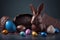 Cute little chocolate rabbit with Easter eggs, Generative AI