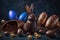 Cute little chocolate rabbit with Easter eggs, Generative AI