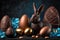 Cute little chocolate rabbit with Easter eggs, Generative AI