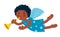 Cute little Christmas angel with trumpet. African-american baby girl. Cartoon character. Vector illustration.