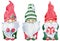 Cute Little Christmas Gnome Collection. Watercolor set of New Year`s gnomes with gifts in colorful green and red hats