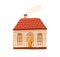 Cute little country house with door, windows and terrace. Facade of home with chimney and smoke. Wooden village cottage