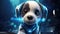 Cute little cyborg puppy white headphones amid night town