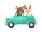 Cute little deer and moose driving emerald car. Cartoon character for childrens book, album, baby shower, greeting card, party