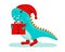 A cute little dinosaur in a Christmas hat holds a box with a gift in his hands.