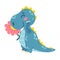 Cute little dinosaur sniffs a flower. Dragon with a plant. Character for the design of posters, postcards and clothing. Picture