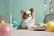 Cute little dog at the holiday table, birthday concept. Generative AI