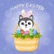 Cute little dog husky with bunny ears is sitting in the Easter basket  full of colorful egg