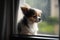 cute little dog looked out the window while it raining, ai generative