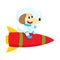 Cute little dog, puppy astronaut, spaceman character riding a rocket