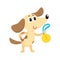 Cute little dog, puppy character, champion holding golden winner medal