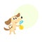 Cute little dog, puppy character, champion holding golden winner medal