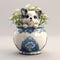 Cute Little Dog Sitting Inside Blue And White Ceramic Planter