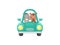Cute little donkey and horse driving emerald car. Cartoon character for childrens book, album, baby shower, greeting card, party