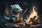 cute little dragon roasting marshmallow over campfire