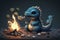 cute little dragon roasting marshmallow over campfire