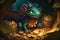 cute little dragon, surrounded by pile of treasure, in animated and vibrant setting