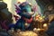 cute little dragon, surrounded by pile of treasure, in animated and vibrant setting