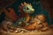 cute little dragon, surrounded by pile of treasure, in animated and vibrant setting