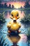 A cute little duckling on a rainy day at beautiful river with sunset, plants, tree, animal creatures, design, art