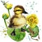 Cute little duckling. yellow water lily watercolor background.